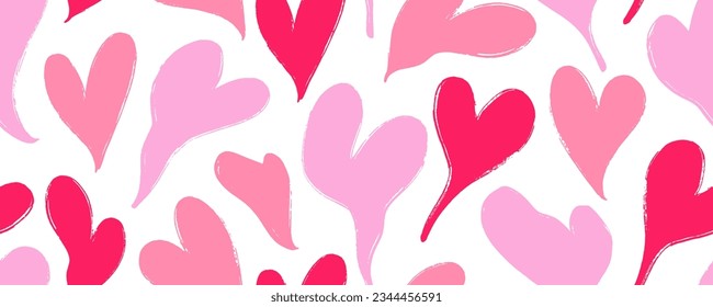 Groovy seamless pattern with wavy and melt hearts. Cute romantic pink hearts background print. Happy Valentines day seamless banner. Psychedelic distorted vector background in 1970s-1980s retro style.