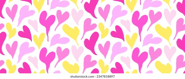 Groovy seamless pattern with wavy and melt hearts. Cute romantic pink hearts background print. Happy Valentines day seamless banner. Psychedelic distorted vector background in 1970s-1980s retro style.