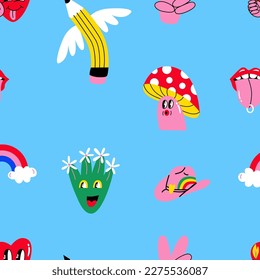 Groovy seamless patterns. Cartoon funky print with mushroom, pencil, heart, rainbow, flower. Retro 70s background. Vector illustration for wallpaper, paper, factory, packaging, textile.