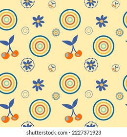 Groovy seamless patterns with cherry and dots. Vector backgrounds in trendy retro trippy style. Hippie 60s, 70s style. Design for fashion , fabric, textile, wallpaper, cover.