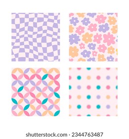 Groovy seamless patterns with daisy, chess, and stars. Set of vector backgrounds in trendy retro trippy y2k style. Lilac, pink and yellow colors. Fun cute hippie texture for surface design.