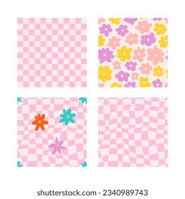 Groovy seamless patterns with daisy, wave, chess.