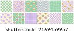 Groovy seamless patterns with funny happy daisy, wave, chess, mesh, rainbow. Set of vector backgrounds in trendy retro trippy y2k style. Lilac and green colors. Fun hippie texture for surface design.