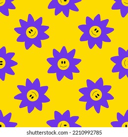 Groovy seamless patterns with funny happy daisy, wave, chess, mesh, rainbow. Set of vector backgrounds in trendy retro trippy y2k style. Lilac and green colors. Fun hippie texture for surface design.