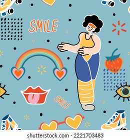 Groovy seamless patterns with funny happy woman, rainbow, wave, chess, mesh. Vector backgrounds in trendy retro trippy style. Hippie 60s, 70s style.