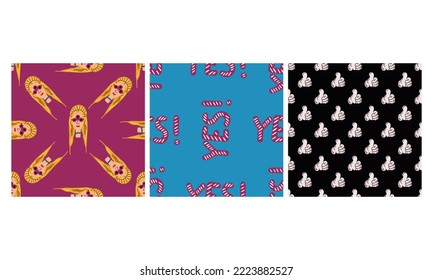 Groovy seamless patterns with funny happy daisies, hearts, inscriptions, mesh, eyes. A set of vector backgrounds in a fashionable retro style trippy y2k. Funny hippie-style texture for surface design.