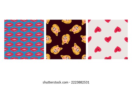 Groovy seamless patterns with funny happy daisies, hearts, inscriptions, mesh, eyes. A set of vector backgrounds in a fashionable retro style trippy y2k. Funny hippie-style texture for surface design.