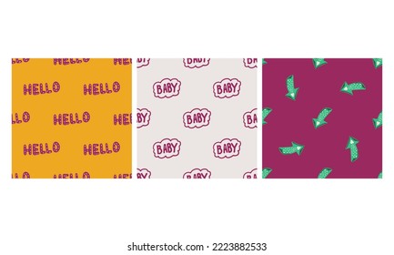 Groovy seamless patterns with funny happy daisies, hearts, inscriptions, mesh, eyes. A set of vector backgrounds in a fashionable retro style trippy y2k. Funny hippie-style texture for surface design.