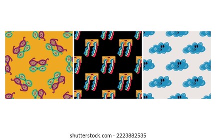 Groovy seamless patterns with funny happy daisies, hearts, inscriptions, mesh, eyes. A set of vector backgrounds in a fashionable retro style trippy y2k. Funny hippie-style texture for surface design.