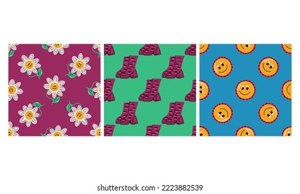 Groovy seamless patterns with funny happy daisies, hearts, inscriptions, mesh, eyes. A set of vector backgrounds in a fashionable retro style trippy y2k. Funny hippie-style texture for surface design.