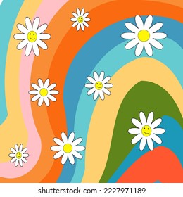 Groovy seamless patterns with funny happy daisy, wave, 70s seamless vector pattern with vintage daisy, Fun hippy texture for surface design, wallpaper, background