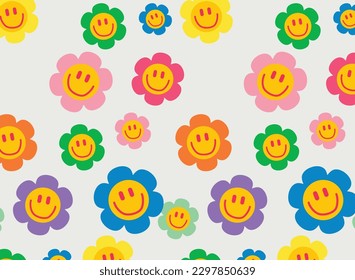 Groovy seamless patterns with funny happy daisy backgrounds in trendy retro trippy y2k style. 