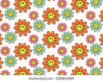 Groovy seamless patterns with funny happy daisy, wave, chess, mesh, rainbow. in trendy retro trippy style. Hippie 60s, 70s style. Yellow, orange, pink colors.