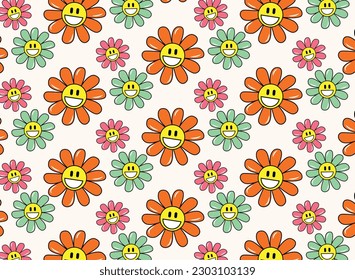  Groovy seamless patterns with funny happy daisy, wave, chess, mesh, rainbow. in trendy retro trippy style. Hippie Yellow, orange, pink colors.