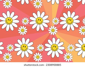 Groovy seamless patterns with funny happy daisy backgrounds in trendy retro trippy y2k style.