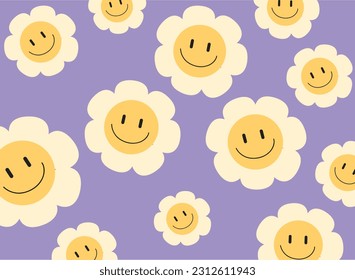 Groovy seamless patterns with funny happy daisy smile on purple backgrounds in trendy retro trippy y2k style.