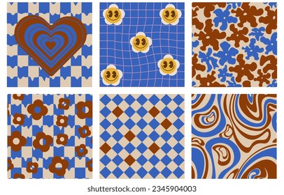 Groovy seamless patterns with funny happy daisy, wave, heart. Set of vector backgrounds in trendy retro trippy style. Hippie 60s, 70s style. Blue,brown,yellow colors