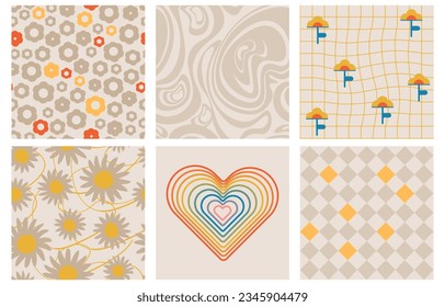 Groovy seamless patterns with funny happy daisy, wave, heart. Set of vector backgrounds in trendy retro trippy style. Hippie 60s, 70s style. Beige,brown,yellow colors