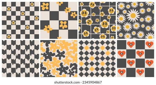 Groovy seamless patterns with funny happy daisy, chess, heart. Set of vector backgrounds in trendy retro trippy style. Hippie 60s, 70s style. Black,brown,yellow colors