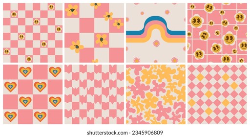 Groovy seamless patterns with funny happy daisy, wave,chess,heart. Set of vector backgrounds in trendy retro trippy style. Hippie 60s, 70s style. Pink,blue,yellow colors