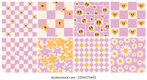 Groovy nahtlose Muster mit lustiger Happy, Wave, Schach, Herz. Set von Vektorhintergründen im trendigen Retro-Trippy-Stil. Hippie 60s, 70er Jahre Stil. Rosa, violett, gelb