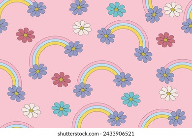 Groovy seamless patterns with funny happy daisy, wave, mesh, rainbow. Vector backgrounds in trendy retro trippy style. Hippie 60s, 70s style. Yellow, orange, pink colors.