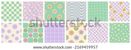 Groovy seamless patterns with funny happy daisy, wave, chess, mesh, rainbow. Set of vector backgrounds in trendy retro trippy y2k style. Lilac and green colors. Fun hippie texture for surface design.