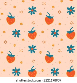 Groovy seamless patterns with hearts, flowers, strawberry. Vector backgrounds in trendy retro trippy style. Hippie 60s, 70s style.