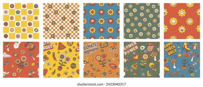 Groovy seamless patterns. Groovy hippie 70s set of seamless patterns. Patterns in trendy retro psychedelic style. Y2k aesthetic.