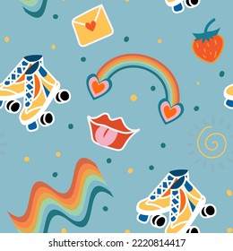 Groovy seamless patterns with rainbow, wave, mesh and roller skates. Vector backgrounds in trendy retro trippy style. Hippie 60s, 70s style.