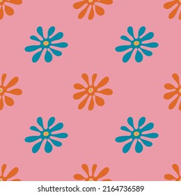 Groovy seamless patterns in retro 70s style, groovy hippie-style backgrounds with multicolored flowers. Teenage cartoon Funky print for T-shirts, postcards, Posters, Fabrics