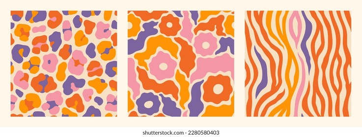 Groovy Seamless Patterns Set with Leopard, Daisy Flowers and Zebra . Psychedelic Abstract Vector Backgrounds in 1970s Hippie Retro Style in Orange, Pink and Purple Colors