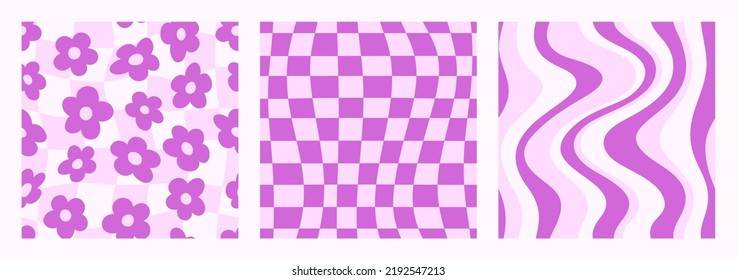 Groovy Seamless Patterns Set with Waves, Daisy Flowers and Checkerboard. Psychedelic Abstract Vector Background in 1970s Hippie Retro Style for Print on Textile, Wrapping Paper, Web Design.