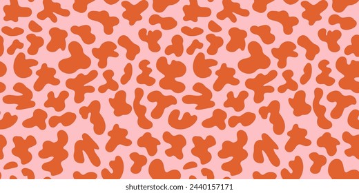 Groovy nahtloses rosa Muster im Retro-Trippy-Stil. Wiederholen Sie den hellen Hintergrund mit abstrakter flüssiger Farbe unregelmäßige Formen auf rotem Hintergrund