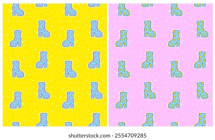 Groovy Seamless Vector Pattern with Blue Disco Boots. Girly Endless Print with Blue Boots on a Pink and Yellow Background. Girl Power.Pattern with Colorful Funky Starry Boots ideal for Wrapping Paper.