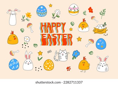 Groovy set of animals, flowers, mushrooms and lettering for Easter card and pattern. Hen, chick, egg in the nest, rabbit, fungus, chamomile and cat with footprints