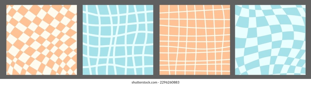 Groovy set with Checker and grid backgrounds. Trendy retro style twisted checkered backgrounds. Wavy chessboard. Distorted checkerboard collection. Vector illustration