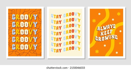 Groovy set colorful retro backgrounds  with text  in style 70s, 80s. Trendy vector illustration