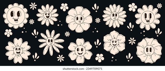 Groovy set of colors from the 70s. Funny cartoon flower. Set of stickers in trendy retro cartoon style.