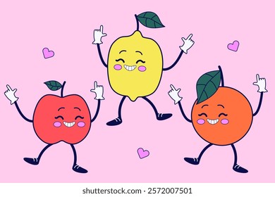 Groovy set with dancing fruits. Hand drawn retro style illustration.