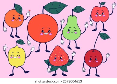 Groovy set with fruits. Hand drawn retro style illustration.