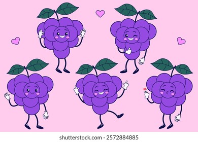 Groovy set with grape. Hand drawn retro style illustration.