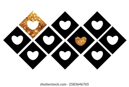 Groovy set of hearts in a diamond. Glitter heart. Black and white. Valentine's day, February 14th. 1970s hippie. Hearts pattern collection.