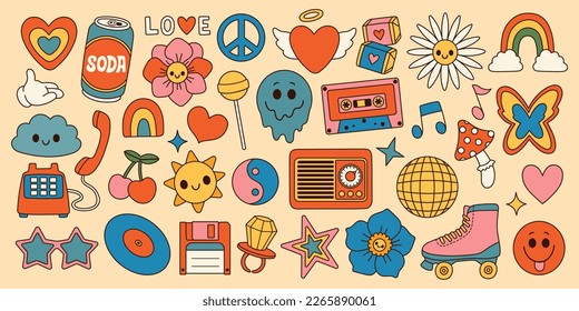 Groovy set hippie 70s. Cartoon flower rainbow peace Love heart daisy mushroom etc. Sticker pack in trendy retro style. 