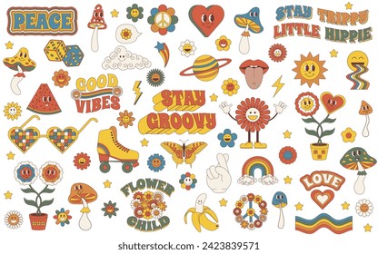 Groovy set. Groovy hippie 70s set. Sticker pack in trendy retro psychedelic cartoon style. Isolated vector illustration.