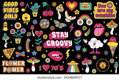 Groovy set. Groovy hippie 70s set. Sticker pack in trendy retro psychedelic cartoon style. Isolated vector illustration