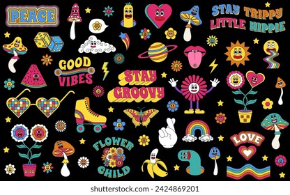 Groovy set. Groovy hippie 70s set. Sticker pack in trendy retro psychedelic cartoon style. Isolated vector illustration