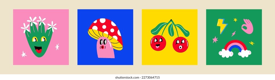 Groovy set posters with cartoon characters mushroom, flower, rainbow. Retro trippy collection. Vector illustration with vintage hippy style elements.