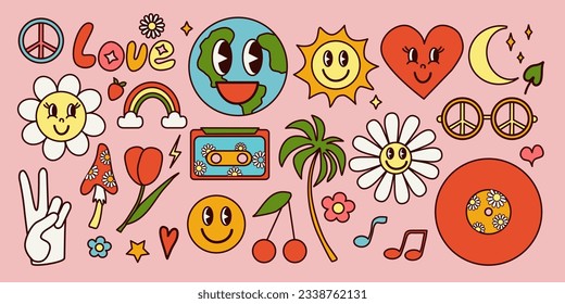 Groovy set, retro vector illustration, 60s, 70s, hippie, music, love, peace, daisy