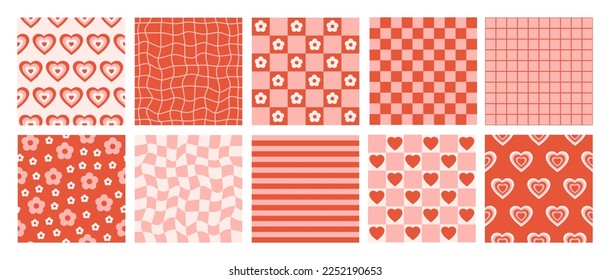 Groovy set romantic seamless patterns in retro style 60s, 70s. Trendy vector background. Red and pink colors